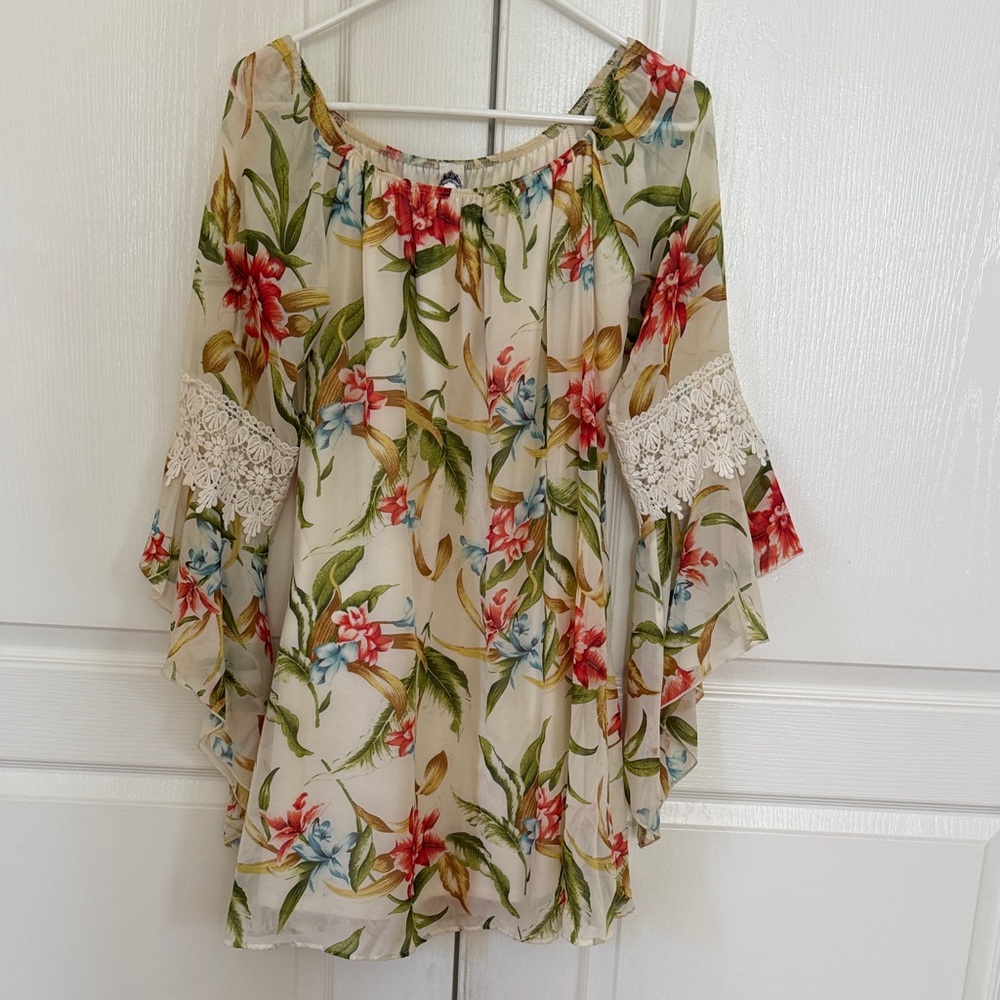 Honeyme Boho Floral Off-Shoulder Dress in Cream with Orange & Blue Blooms